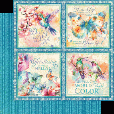 Quatro quadros decorativos com pássaros, borboletas, flores e textos em inglês sobre fundo azul detalhado.