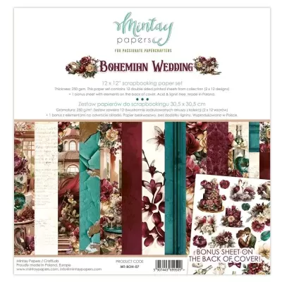Conjunto de papéis de scrapbook Bohemian Wedding com padrões florais e imagens de casamento