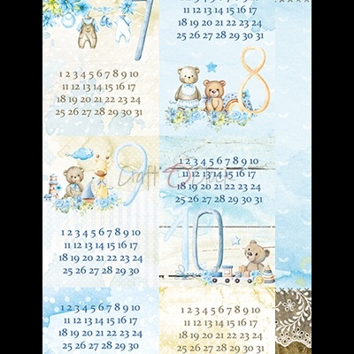 Pano com padrão de calendários e desenhos infantis em azul, bege e branco