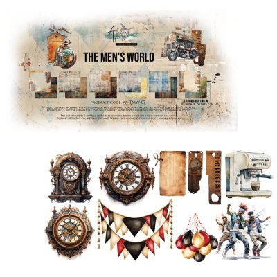 Elementos decorativos vintage masculinos com relógios, máquina de café, bandeiras, balões e figuras de homens