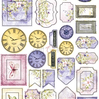 Recortes de cartão com flores, relógios, borboletas e palavras em tons pastel