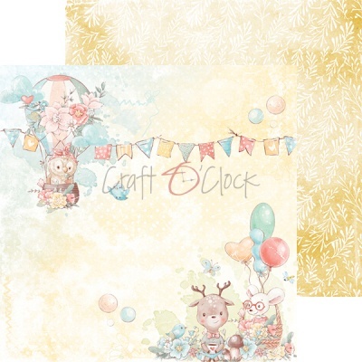 Papel decorativo scrapbooking com balão, coruja e animais com balões