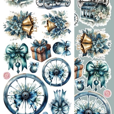 Ilustrações de elementos festivos em azul e dourado, como carruagens, sinos, laços e presentes.