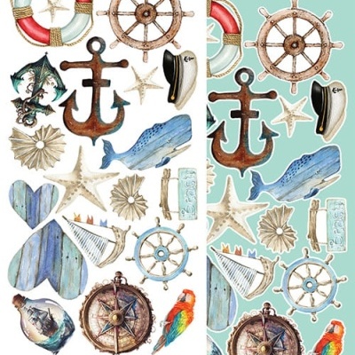 Elementos decorativos náuticos em estilo aquarela sobre fundo branco e verde