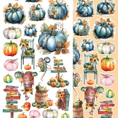 Autocolantes decorativos com desenhos de abóboras, cadeira com girassóis, boneco de milho e placas de madeira em estilo outonal.