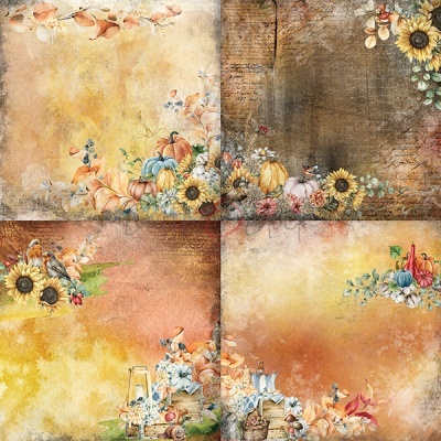 Papel decorativo com temática de outono e abóboras, girassóis e folhas secas em quatro quadrantes coloridos.