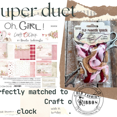 Coleção de papéis decorativos ao lado de fitas de tecido antigo em várias cores com etiqueta 'OLD FASHION RIBBON' num fundo de madeira