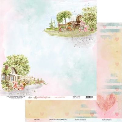 Papel decorativo de scrapbook com ilustrações de jardim, casa e elementos naturais em tons pastéis.