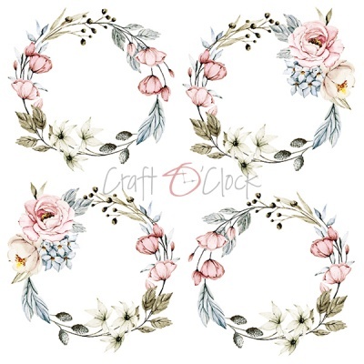 Quatro coroas florais decorativas com texto Craft O Clock ao centro