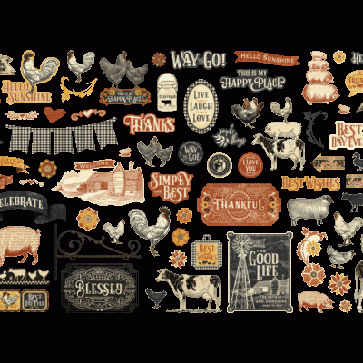 Autocolantes decorativos com temas rurais e frases em inglês, incluindo vacas, porcos, galinhas e flores