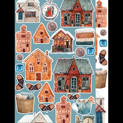 Ilustração de casas, relógios, botões, bolsas, borboletas e canecas com estilo aquarelado