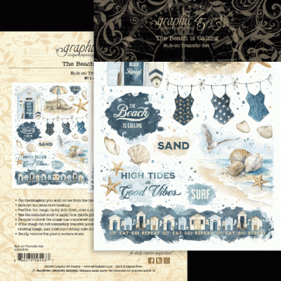 Folha de decalques para decoupage com motivos de praia e textos em inglês sobre mar e areia