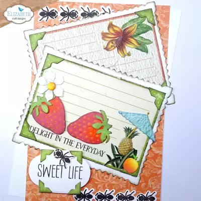 Cartão decorativo com frutas, flores, formigas e texto em inglês.