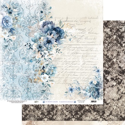 Papel decorativo floral azul e bege com texto manuscrito e padrão vintage