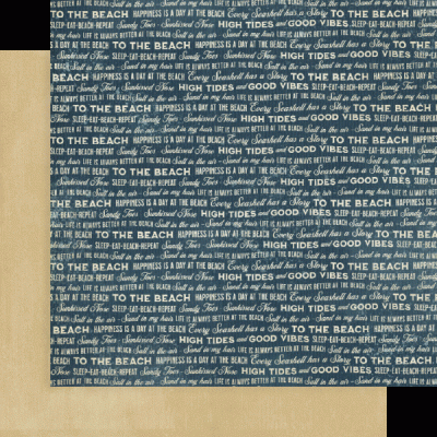 Pano com padrão de textos relacionados à praia em várias cores e fontes