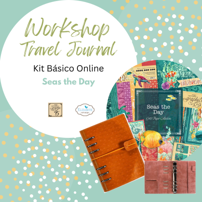 Kit básico online Workshop Travel Journal Seas the Day com caderno de couro castanho e papéis coloridos temáticos