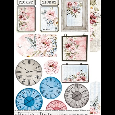 Elementos decorativos vintage com flores, etiquetas de ticket, relógios coloridos e molduras florais