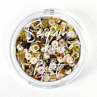 Recipiente transparente com mistura de lantejoulas coloridas, texto branco no topo