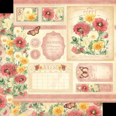 Folhas decorativas com flores vermelhas, amarelas, brancas, borboletas e texto em inglês