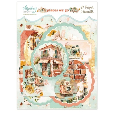 Conjunto de 27 elementos de papel decorativos vintage com ilustrações de casa, câmeras e flores.