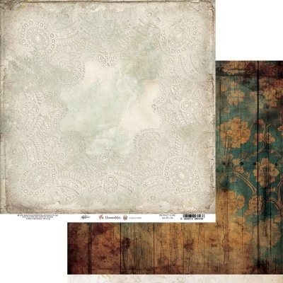 Papel decorativo dupla face com padrões rendilhados e madeira envelhecida com flores.