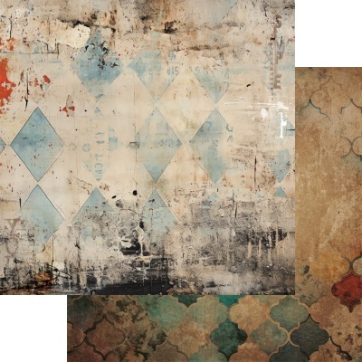 duas paredes com padrões geométricos envelhecidos e texturas distintas