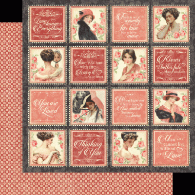 Papel de scrapbook com ilustrações vintage femininas e textos românticos em quadrados organizados