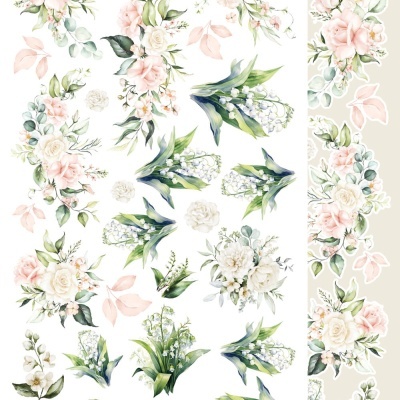 Padrão floral com rosas e lírios-do-vale em tons pastel e folhas verdes sobre fundo branco.