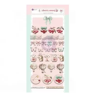 Pacote de autocolantes decorativos com tema de cerejas, laços e animais em tons pastel.