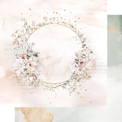 Moldura circular dourada com flores brancas e rosa em fundo pastel