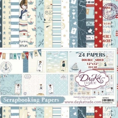 Pacote de papéis para scrapbook com motivos náuticos e cores azul, branco, vermelho e bege.