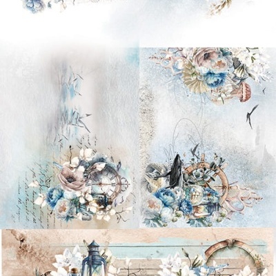 Painéis decorativos náuticos e florais com farol, flores azuis, âncoras e acessórios de barco