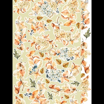 Padrão floral com flores e folhas em tons castanho, azul e verde sobre fundo verde claro.