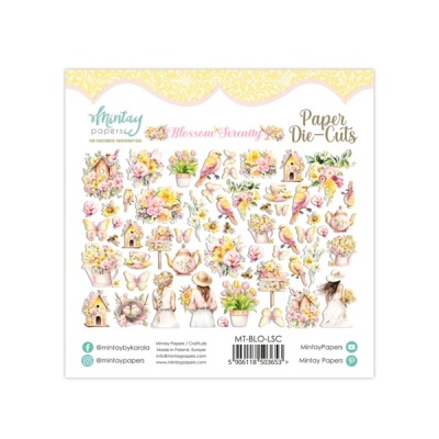 Sheet of decorative paper die-cuts with spring-themed illustrations and text