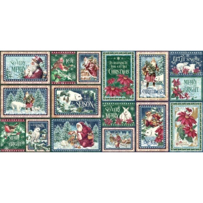 Tecido com estampas natalícias vintage, textos festivos e desenhos de Papai Noel, renas, coelhos e flores vermelhas.