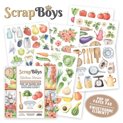Elementos de papel ScrapBoys com ilustrações de cozinha e jardim, folhas coloridas sobre fundo branco