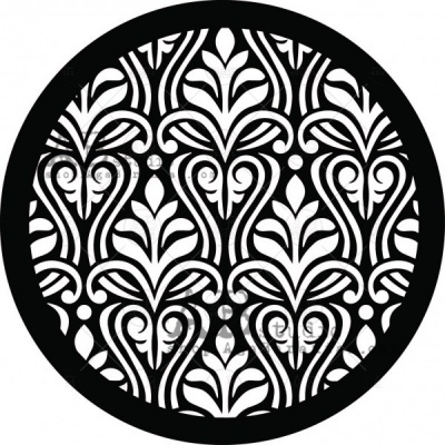 Padrão ornamental preto e branco circular com motivos de folhas simétricas