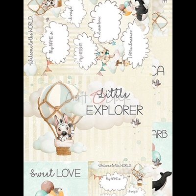 Painel decorativo infantil com animais em balões e texto em inglês para preenchimento