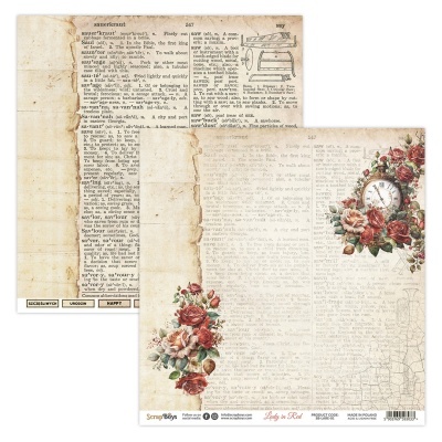 Folha dupla de papel decorativo com texto antigo, relógio e flores vermelhas e rosas