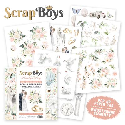 Conjunto de papéis decorativos ScrapBoys com temas florais e ilustrações diversas.