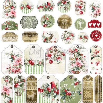 Etiqueta decorativa natalícia com flores vermelhas, ramos de azevinho e padrões dourados