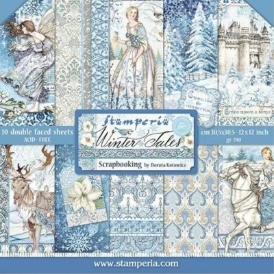 Papel para scrapbooking Stamperia Winter Tales em várias imagens com tema de inverno e fantasia