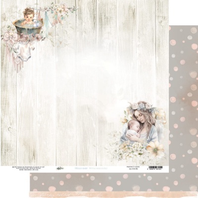 Folha de papel scrapbooking com padrão madeira branca, imagem mãe e bebé com flores e padrão às bolinhas no verso