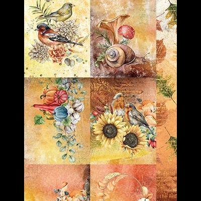 Painéis decorativos com ilustrações de aves, flores, folhas e elementos naturais em tons outonais