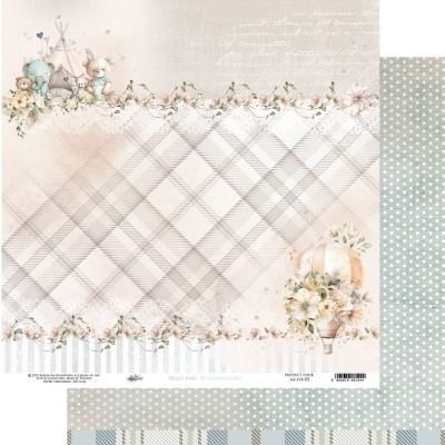 Papel decorativo com padrão xadrez, ursinhos e balão em tons pastel