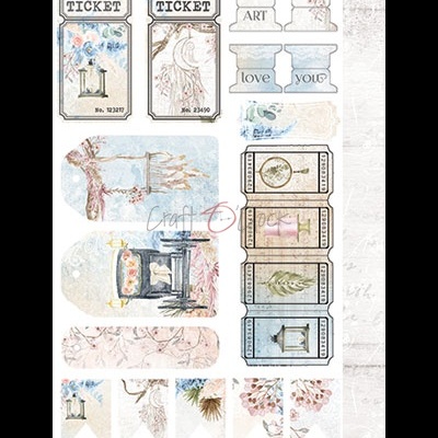 Etiquetas decorativas de papel com desenhos florais e texto