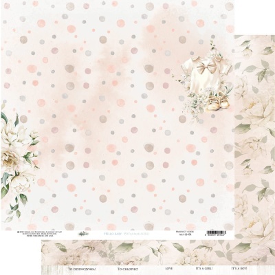 Folha dupla face para scrapbook com padrão de bolinhas e flores em tons pastel