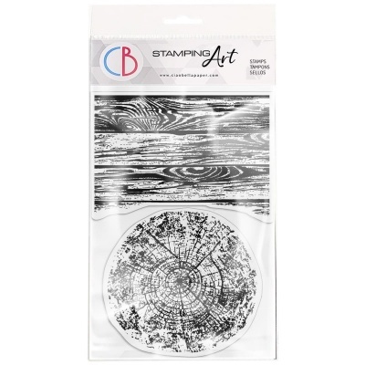 Carimbo de borracha com padrões de madeira e anéis de árvore em embalagem transparente