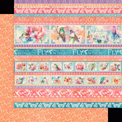 Folha decorativa com flores, colibris e frases em inglês em tons coloridos