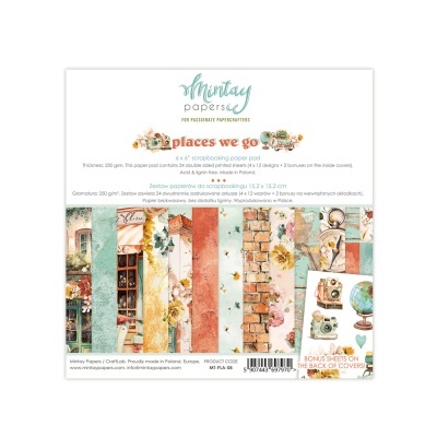 Papel scrapbook Montag Papers 'Places we go' com estampas variadas e texto informativo